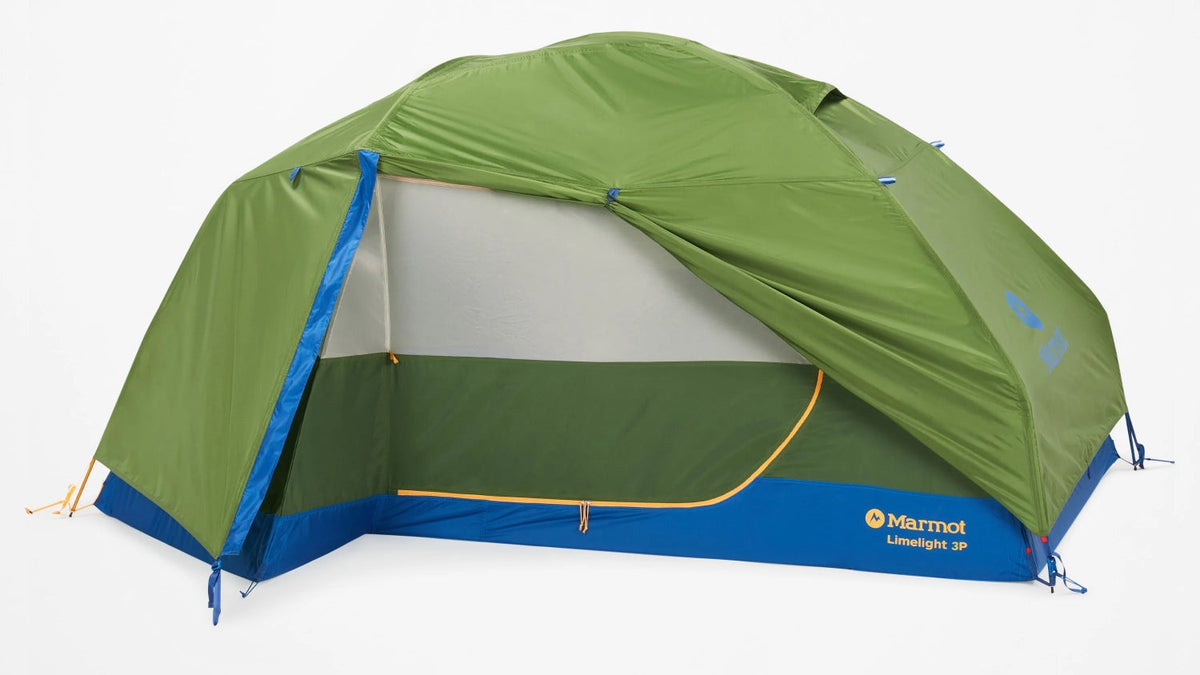 A green and blue Merlon Mountain DP camping tent with a mesh front door, shown on a clean white background.