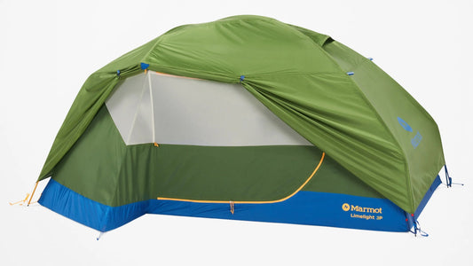 A green and blue Marmot Mountain 3 tent with a mesh front door, shown on a clean white background.