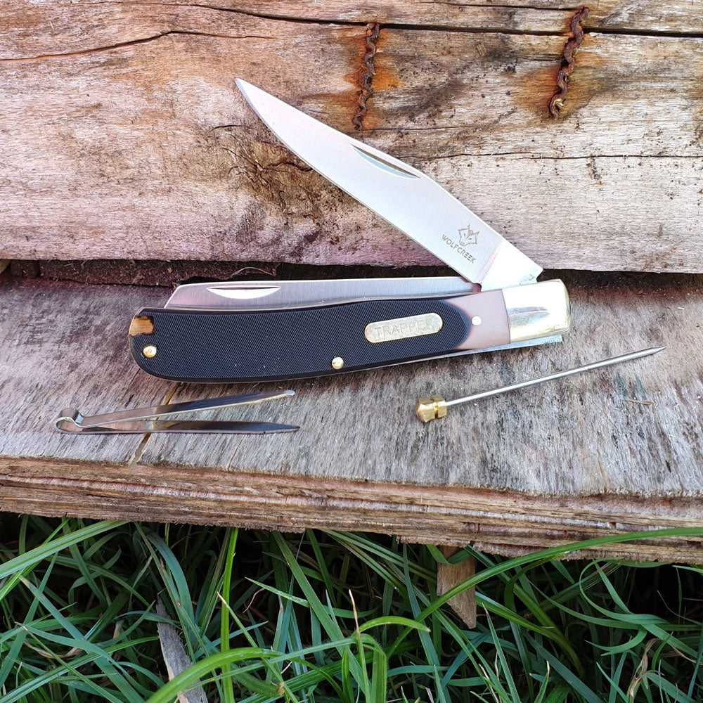 Wolf Creek 2 Blade Trapper/Stockman Knife with Pick and Tweezers